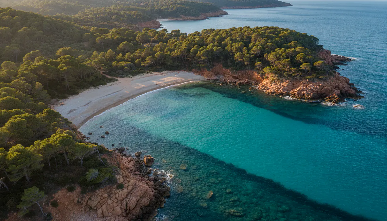 Crique sauvage isolée sur la Côte d'Azur, eau turquoise entre falaises ocre et pins