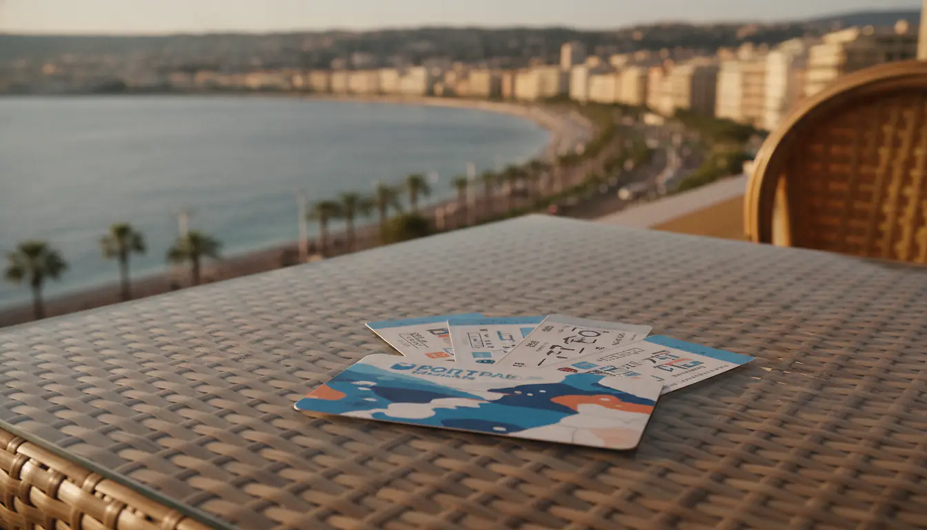 Billets touristiques et carte du French Riviera Pass sur une table face à la baie de Nice