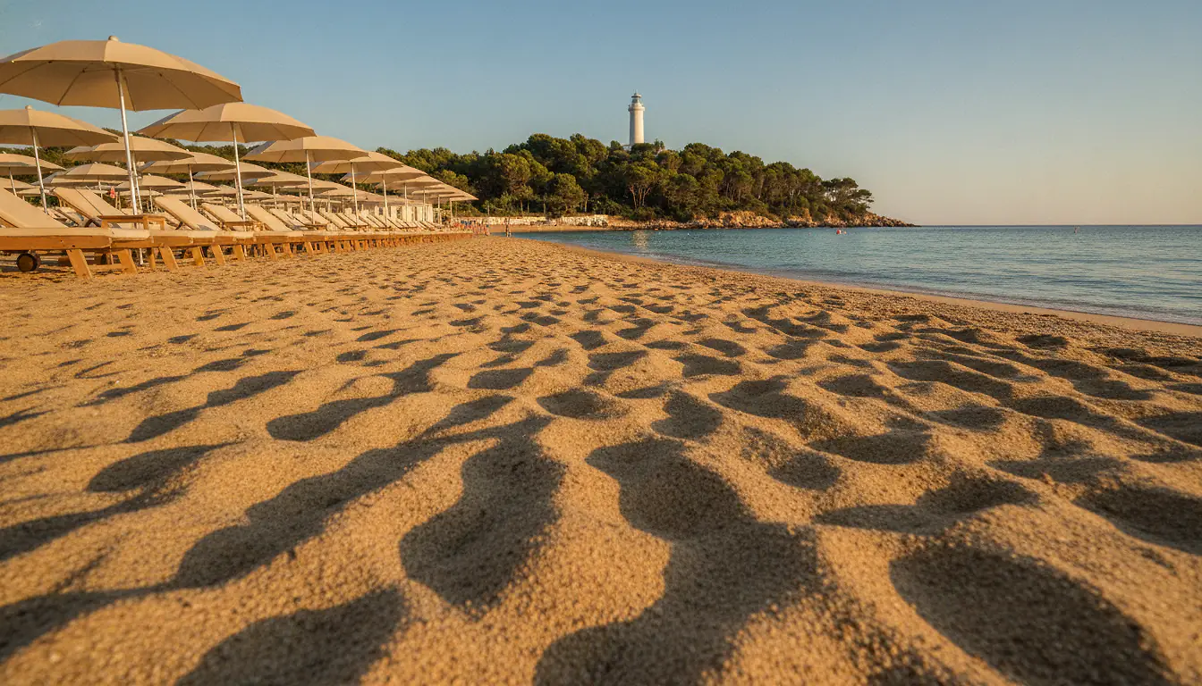 Plage de la Garoupe au Cap d'Antibes avec transats en bois face à une mer turquoise
