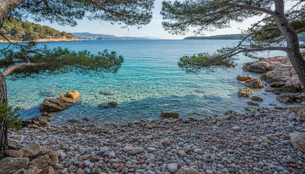 Crique de galets turquoise ombragée par des pins sur l'île Sainte-Marguerite, îles de Lérins