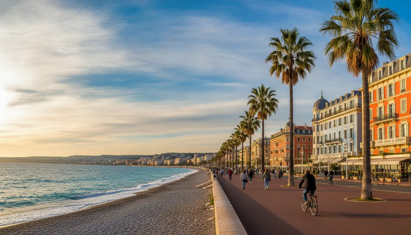 Promenade des Anglais à Nice avec palmiers, mer Méditerranée azur et façades colorées Belle Époque au coucher du soleil
