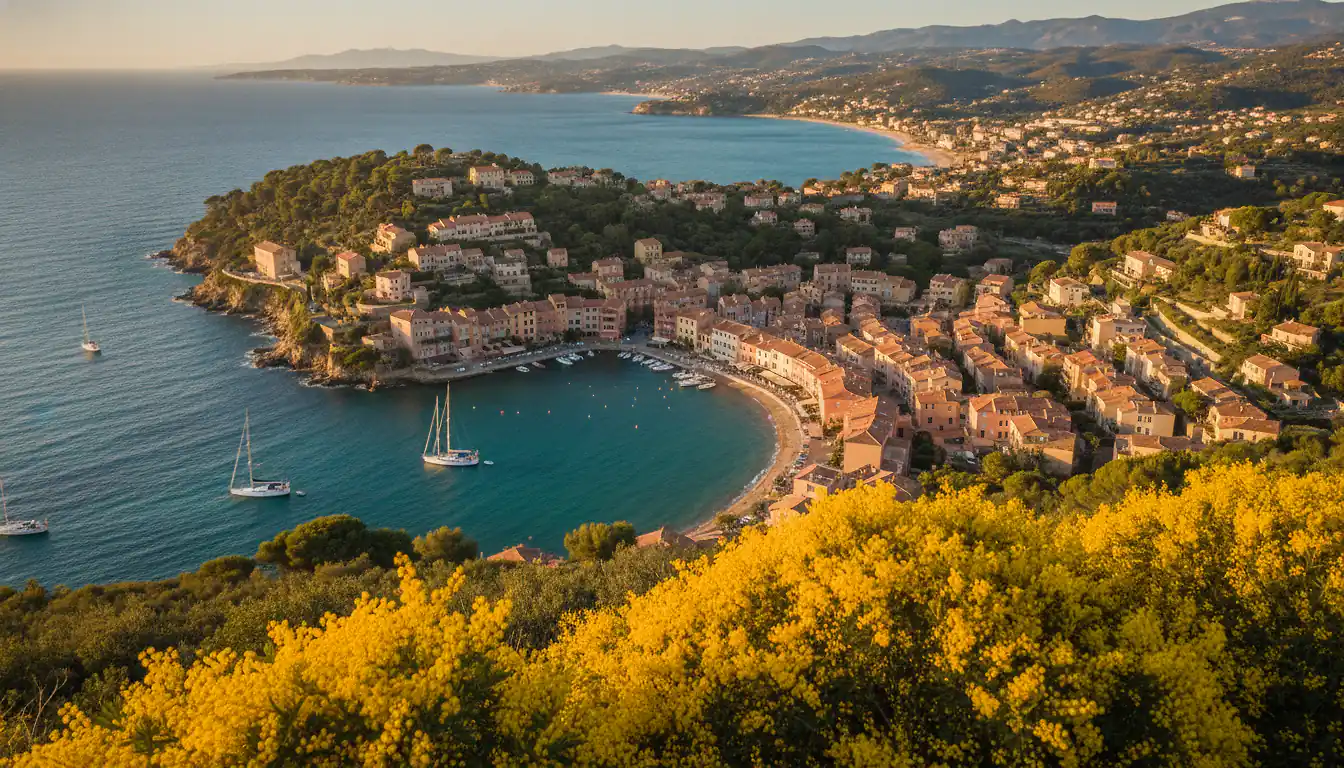 Le littoral de la Cote d'Azur a Nice au lever du jour, mer Mediterranee et toits ocre